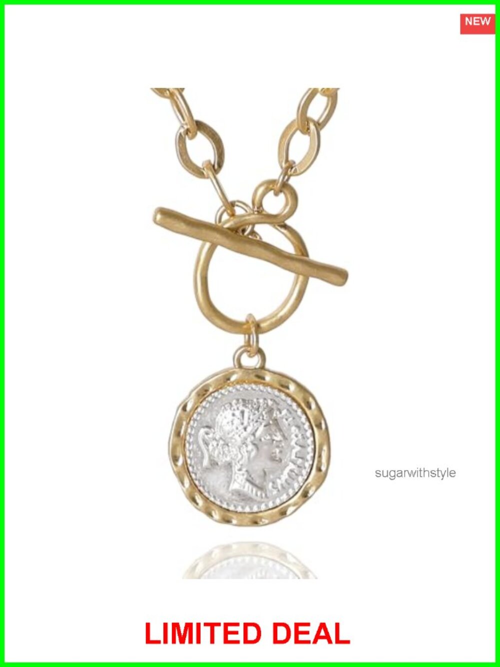 18 Inch Gold Tone Toggle Chain Coin Pendant Necklace for Women